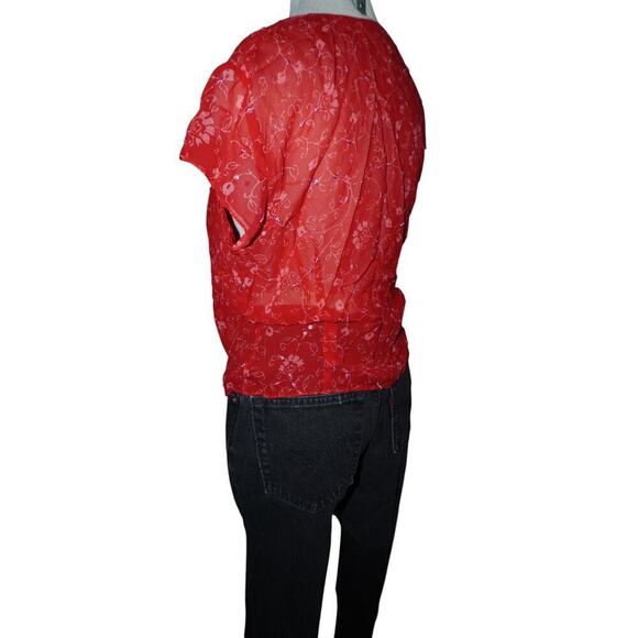 Ann Taylor Silk Blouse Women’s Size 10 Red Floral Tie Front Sheer Top Short Slee - Picture 8 of 12